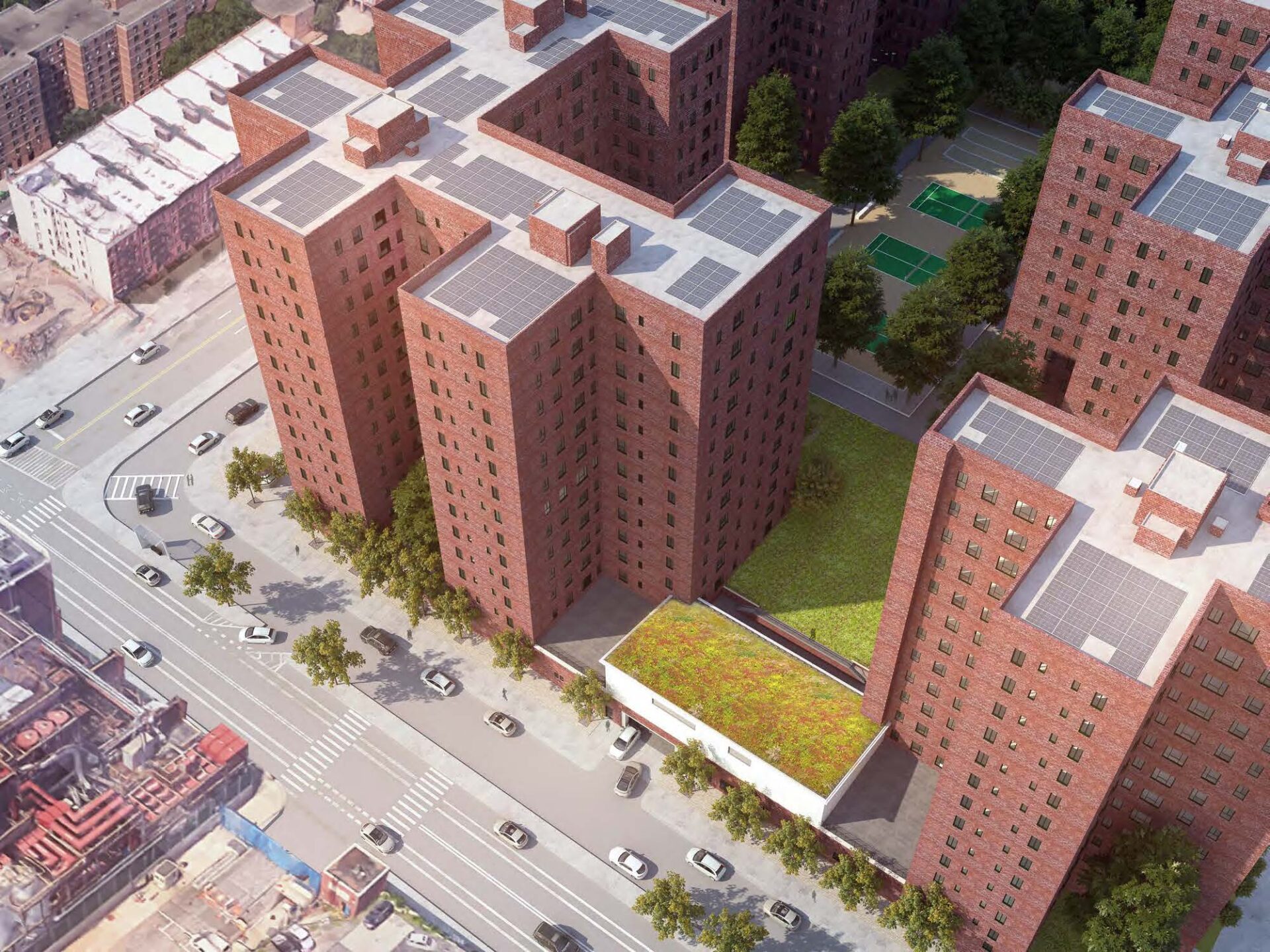 Color rendering of StuyTown from above, highlighting the planted roof of the energy building and adjacent landscaped lawn contrasted against the surrounding brick high-rises and streets.