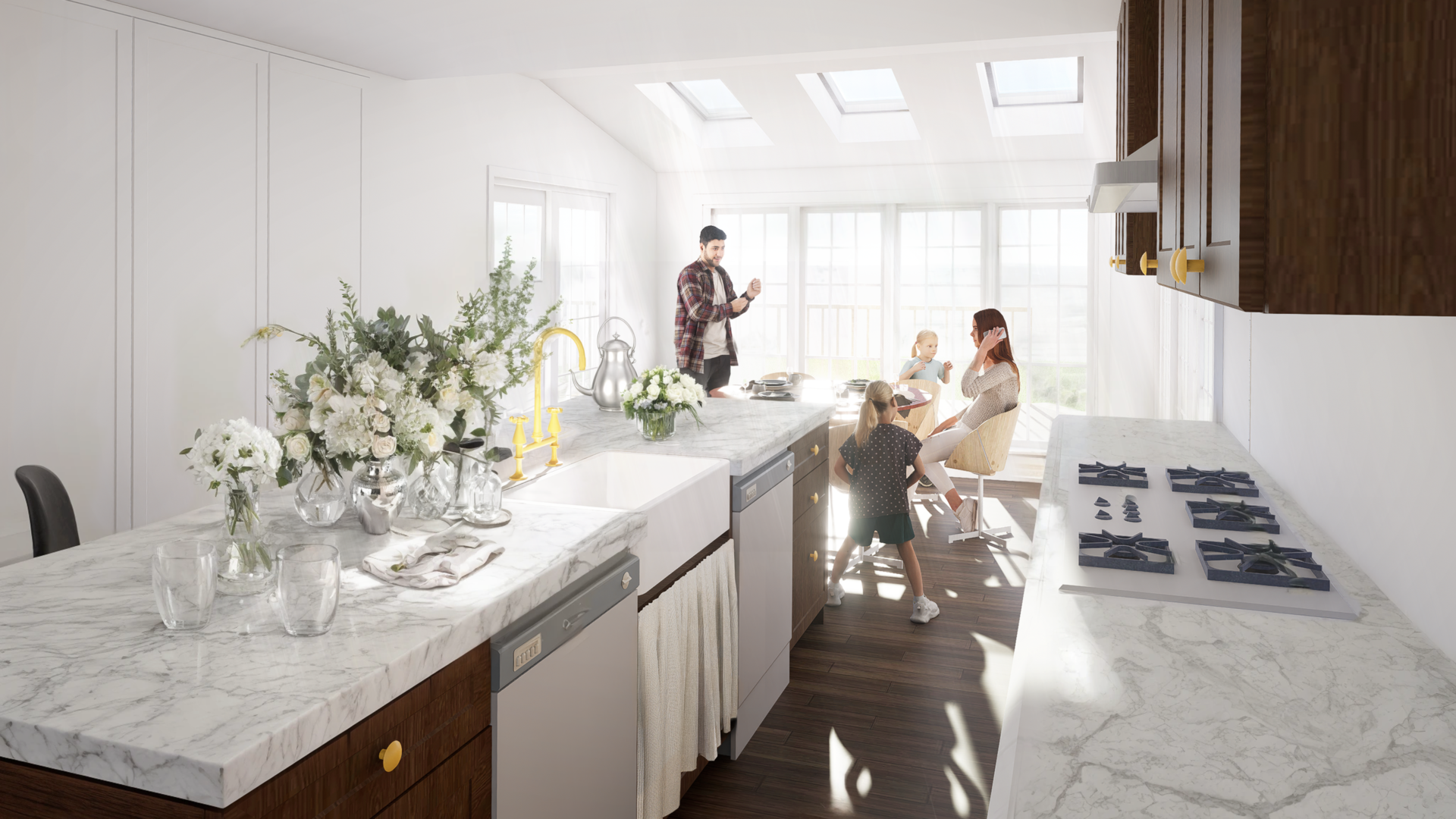 Bright eat‑in kitchen at the East Williston House, with marble countertops, warm wood cabinets, skylights, and a family gathered around the breakfast table.