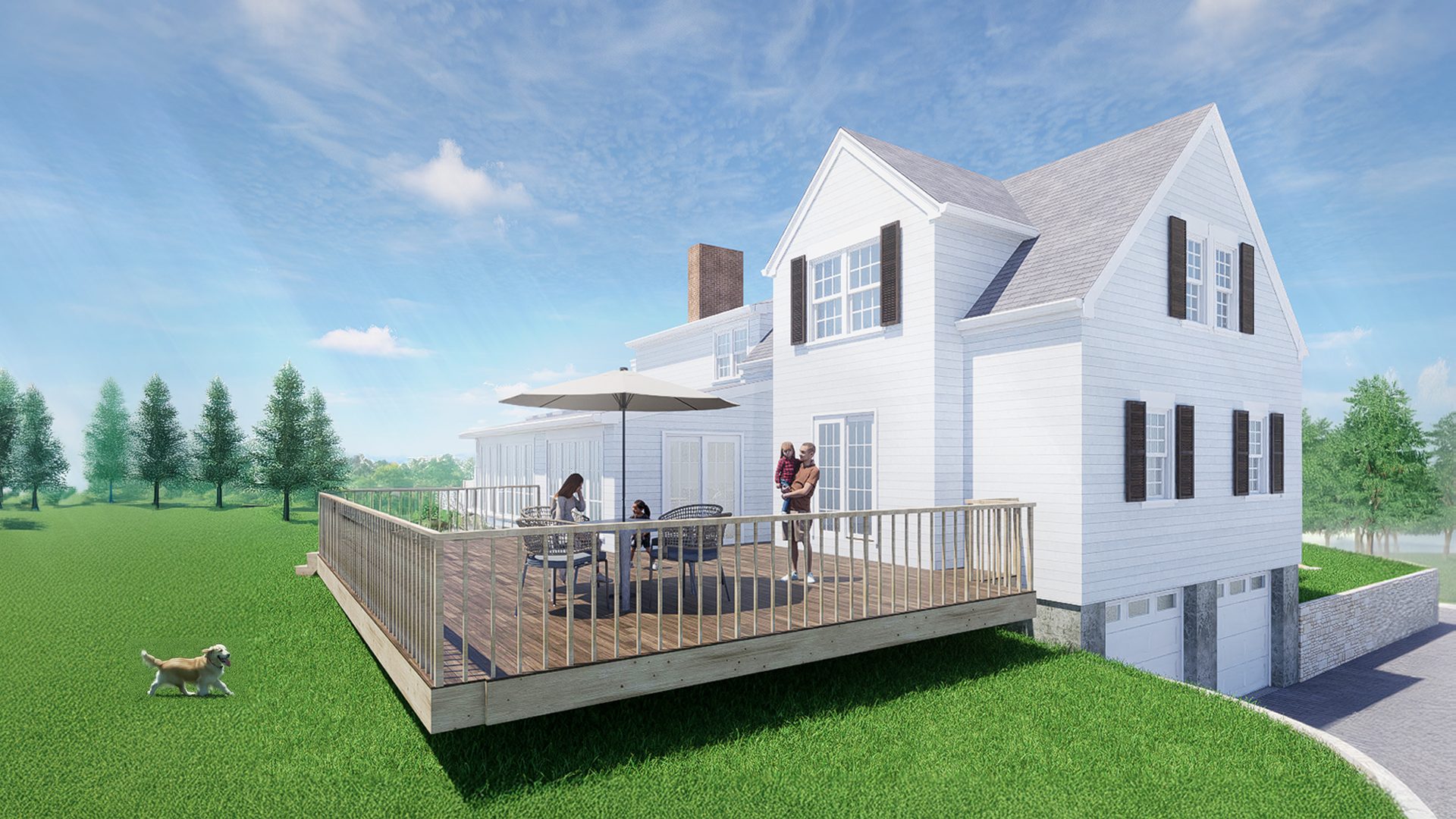 Family enjoying the rear deck of the East Williston House, with outdoor seating above a wide grassy yard and tree‑lined backdrop.
