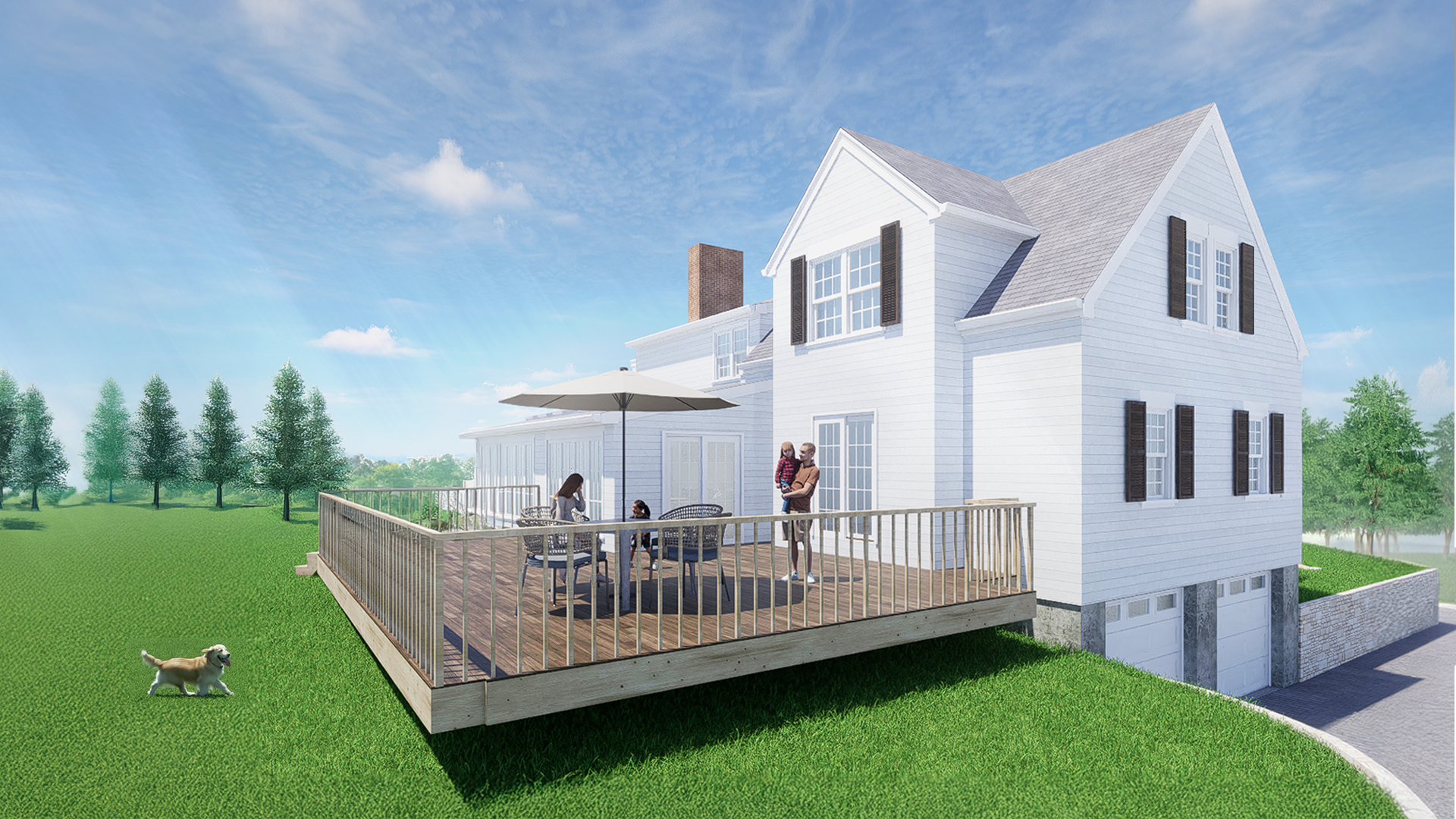 Family enjoying the rear deck of the East Williston House, with outdoor seating above a wide grassy yard and tree‑lined backdrop.