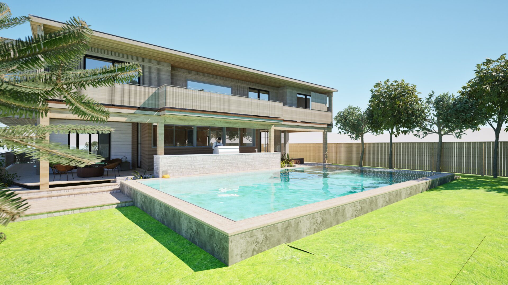 Backyard view of the Suburban Renewal house from the lawn, with a raised pool terrace, outdoor kitchen, and deep balcony running the full length of the second floor.