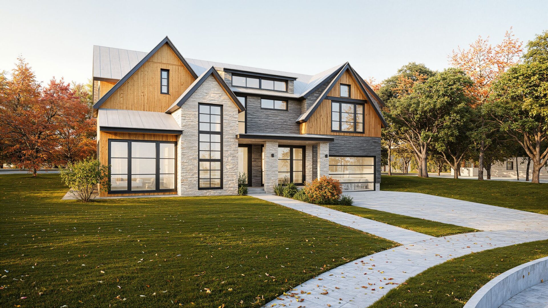 Rendering of Buckley House front, Westbury, NY: stone, wood and gray siding under standing-seam metal roofs