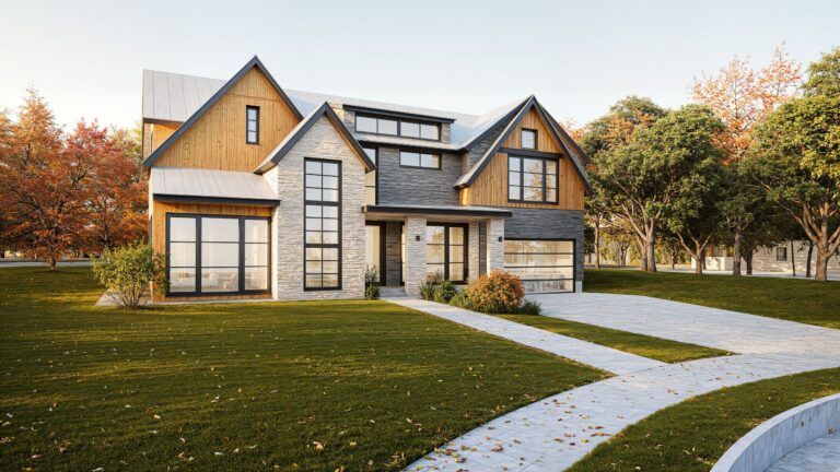 Rendering of Buckley House front, Westbury, NY: stone, wood and gray siding under standing-seam metal roofs