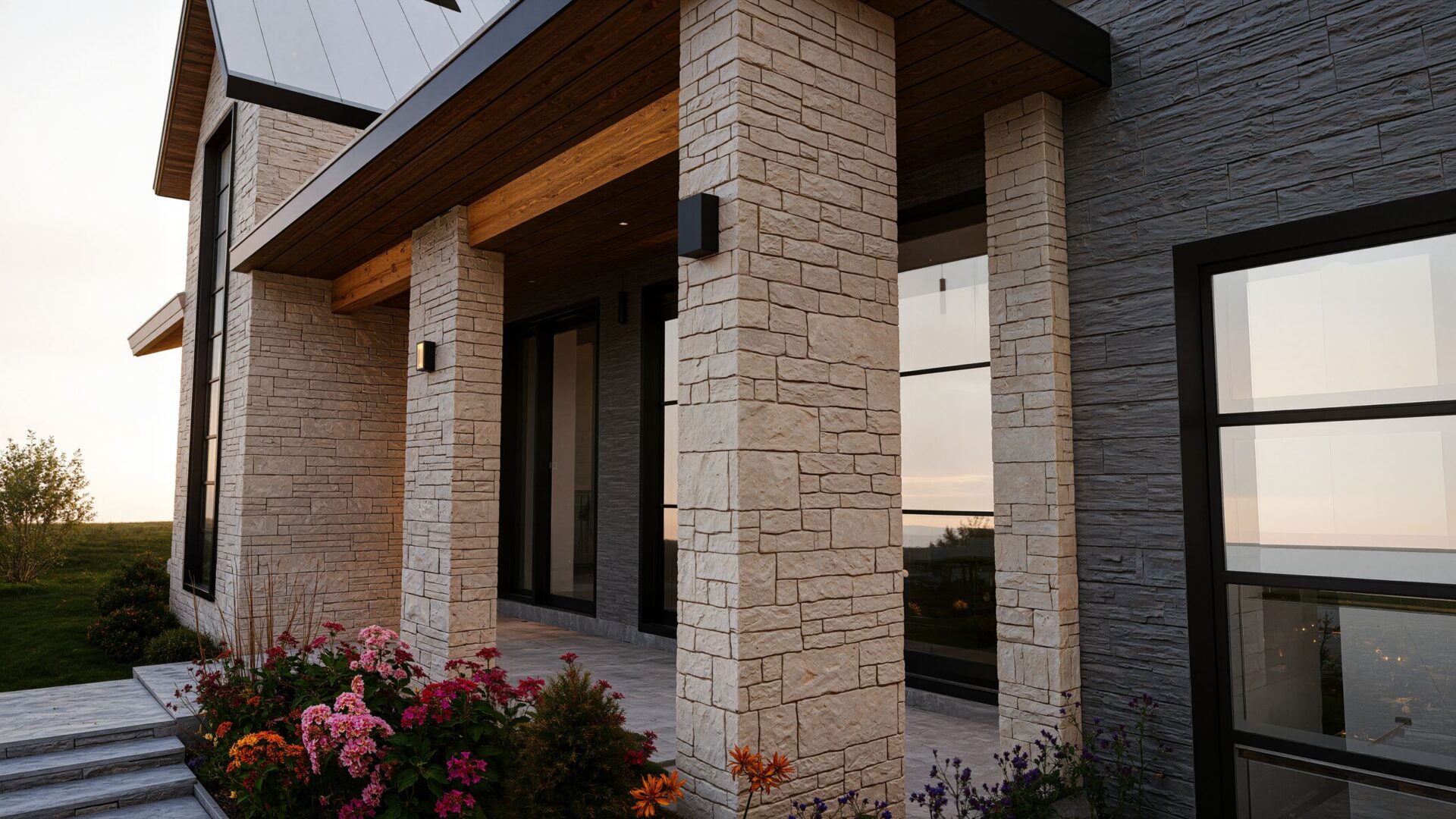 Rendering of the Buckley House covered entry, with stone piers and black-framed windows