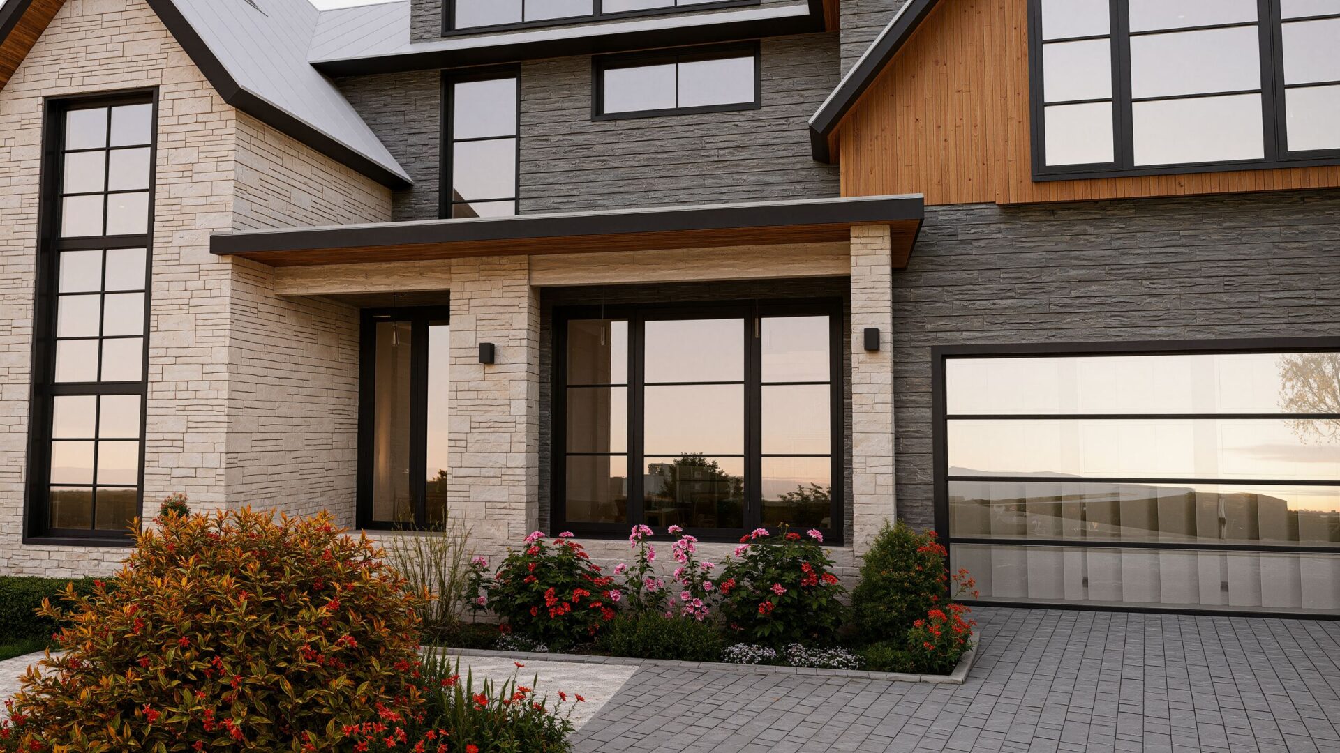 Rendering of the Buckley House front entry and garage, with stone, gray siding and black-framed windows