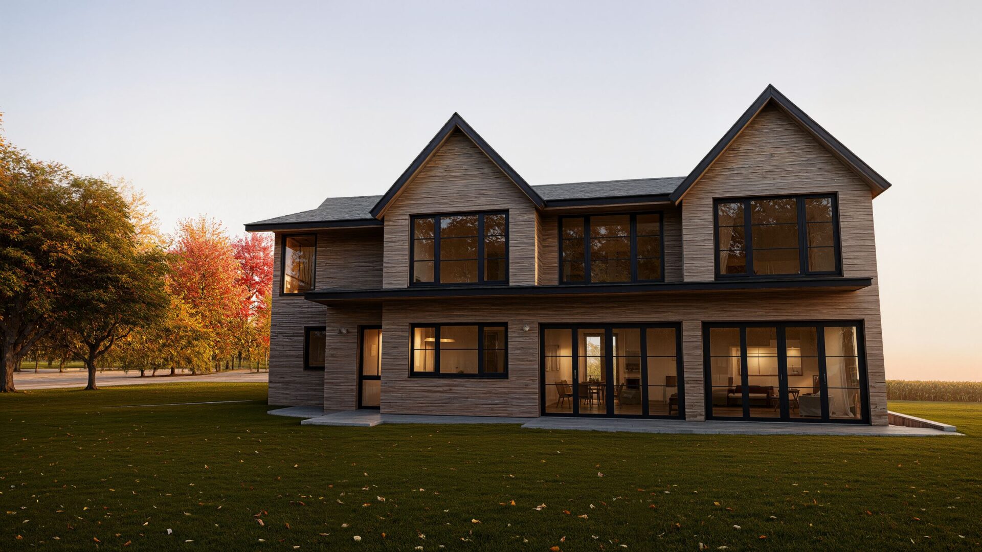 Rendering of Buckley House rear, Westbury, NY, with large black-framed windows and glass doors to the yard