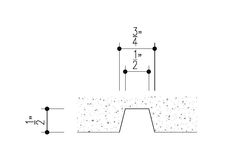 Detail drawing of a tapered reveal groove in concrete, 3/4 inch wide and 1/2 inch deep.