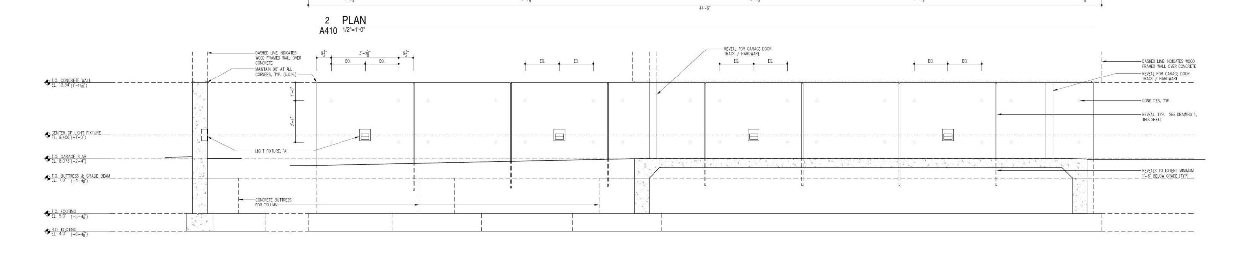 Architectural elevation drawing of a long concrete wall divided into a regular grid of form panels.