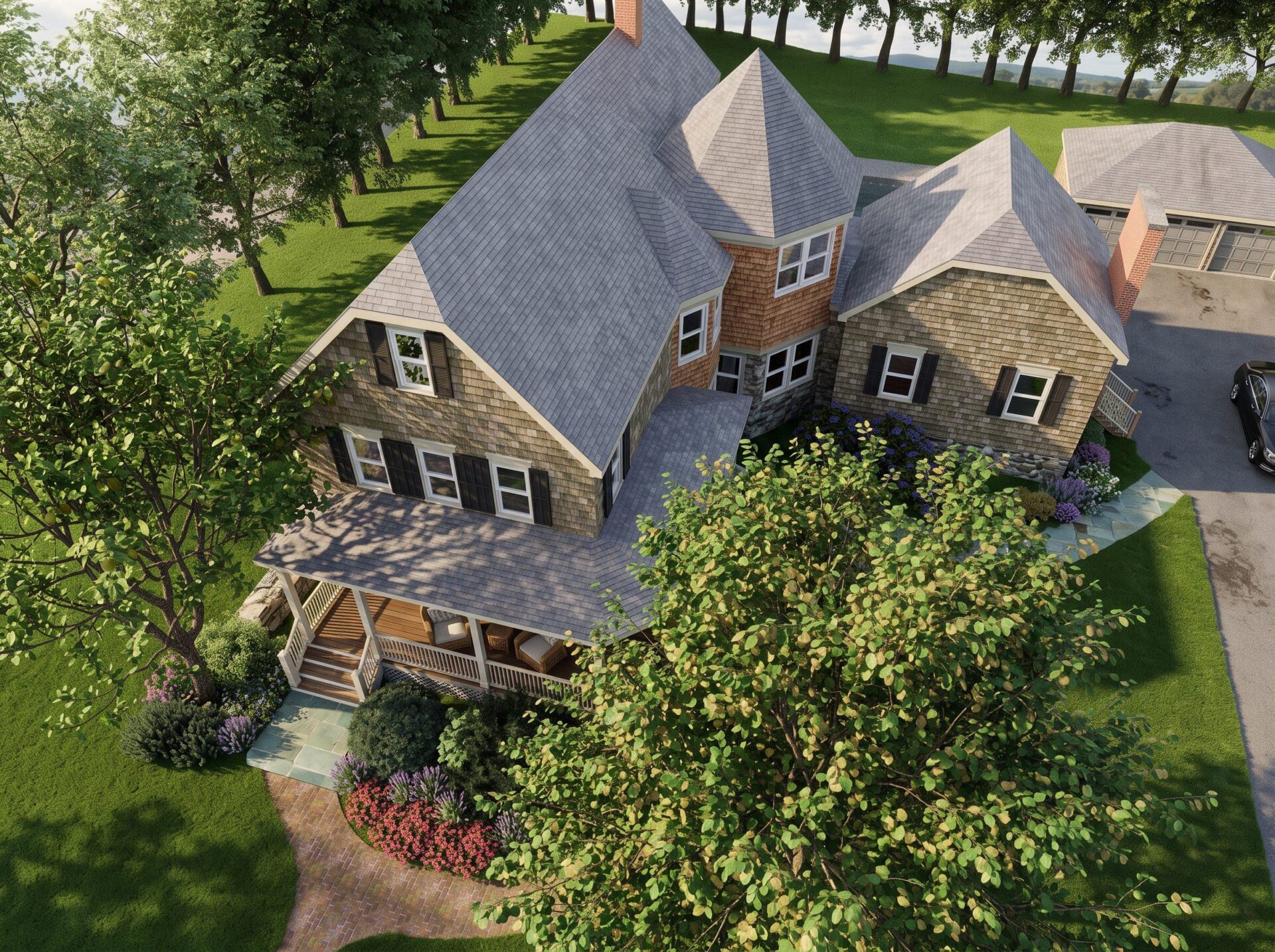 Rendering of Sidney House from above, Oyster Bay, NY, showing the new turret and rear gable among the existing roofs