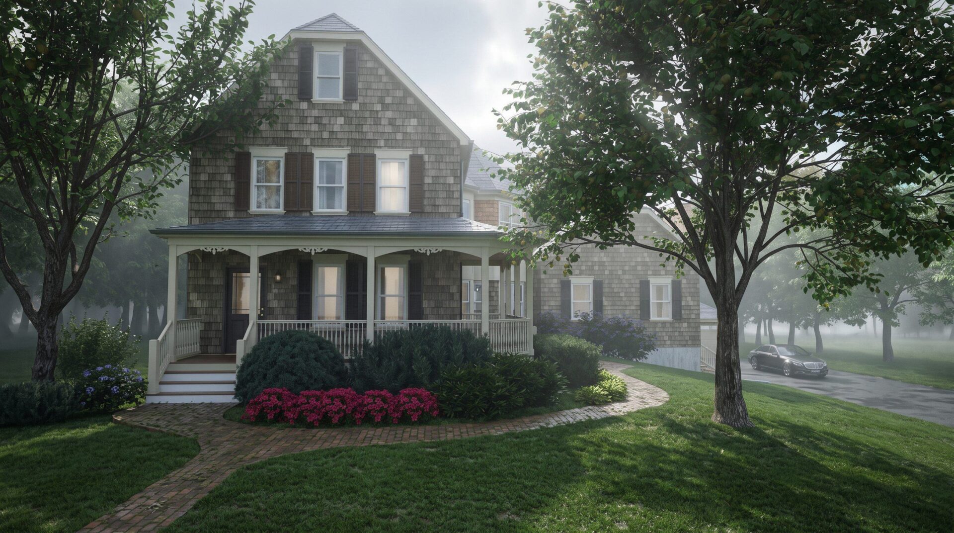 Rendering of Sidney House front, Oyster Bay, NY: a shingled Victorian house with a front porch