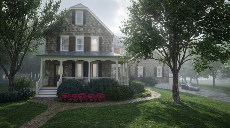 Rendering of Sidney House front, Oyster Bay, NY: a shingled Victorian house with a front porch