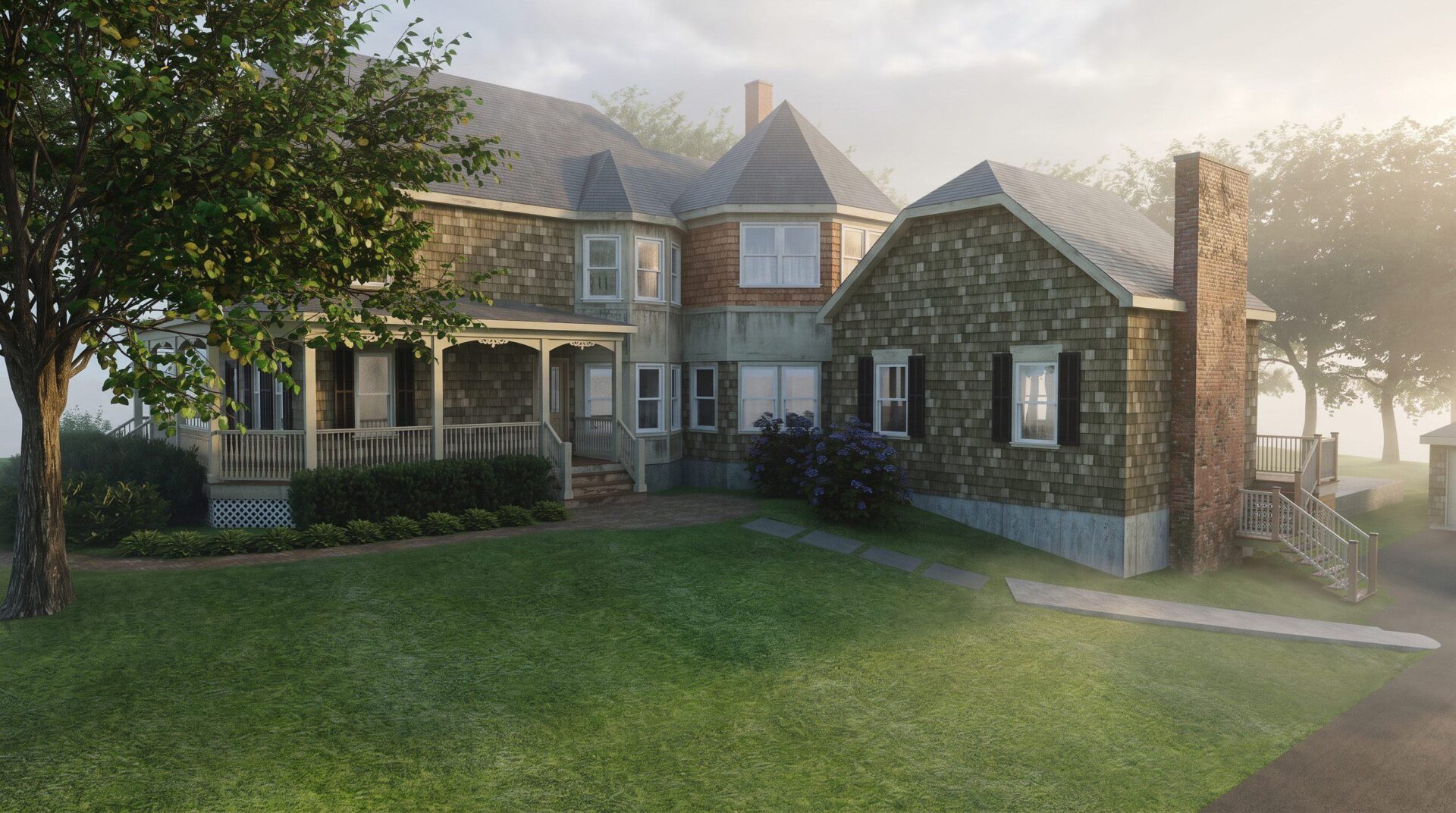 Rendering of Sidney House from the front corner, Oyster Bay, NY, with the new turret and its pyramidal shingle roof