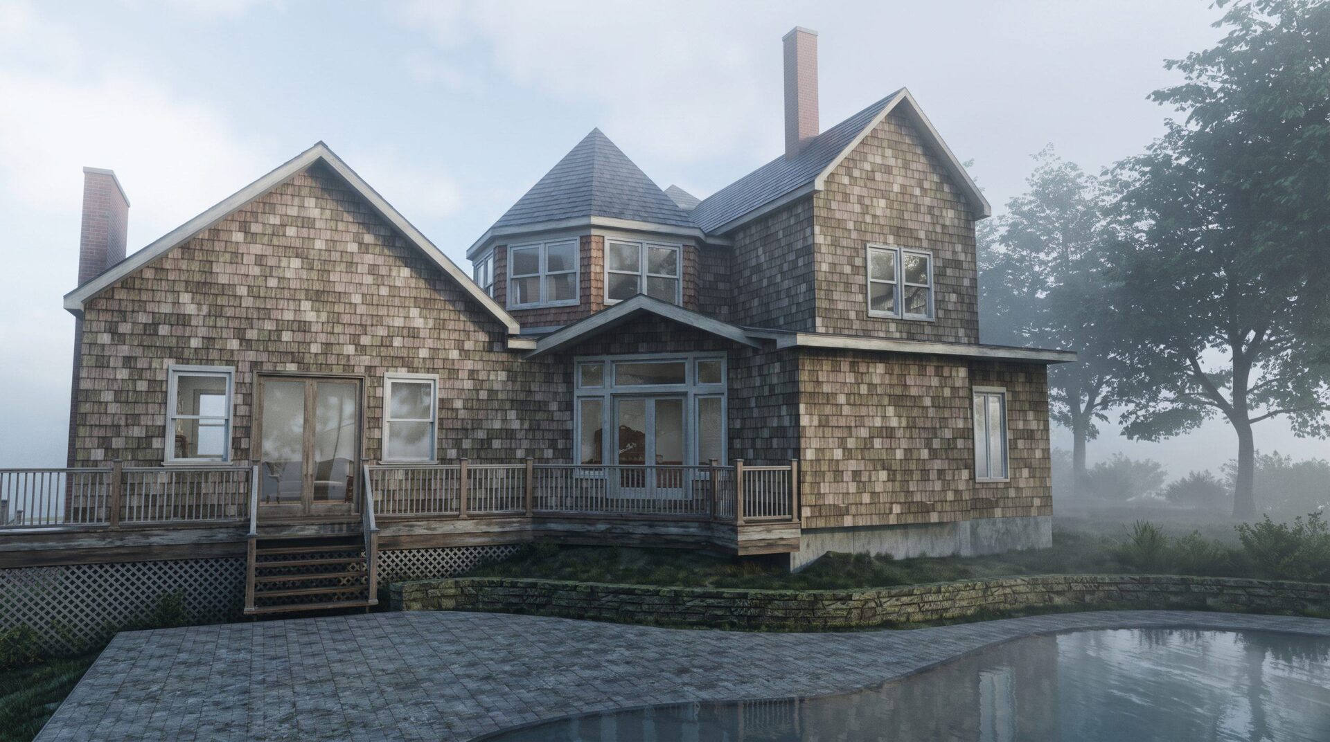 Rendering of Sidney House rear, Oyster Bay, NY, showing the new turret and rear gable