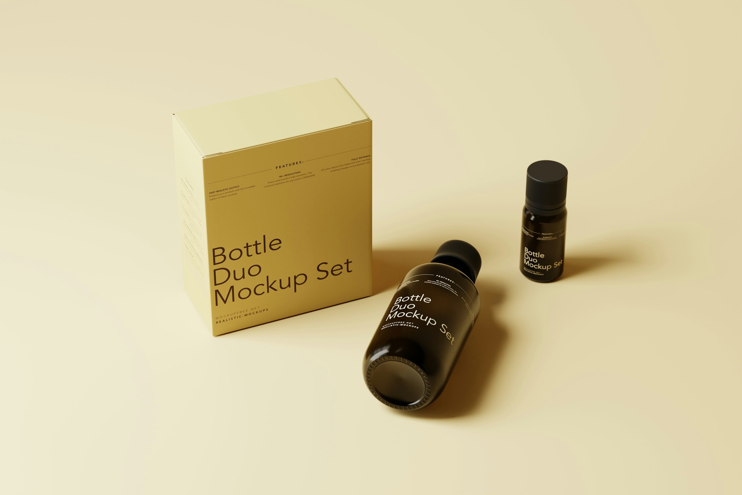 Two essential oil bottles with their box that says Bottle Duo Mockup Set